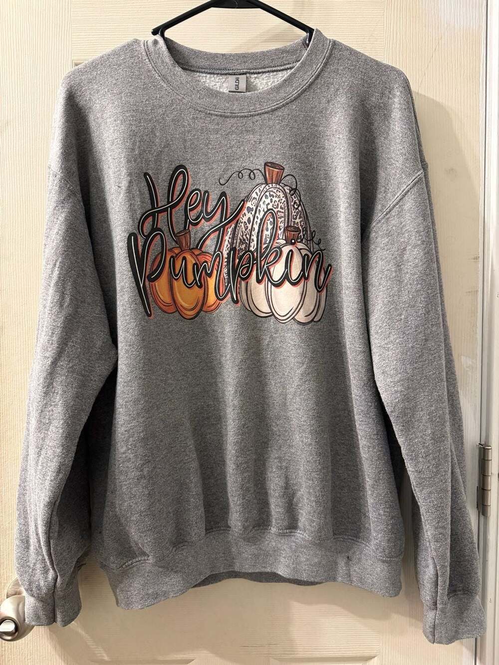 Gildan Hey Pumpkin Grey Fall Crewneck Sweatshirt with Leopard Print Detail